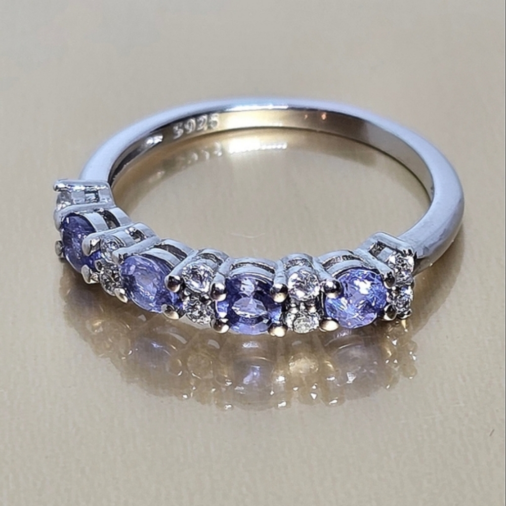 925 Sterling Silver Ring Sz 7.5 with Natural Tanzanite & CZ